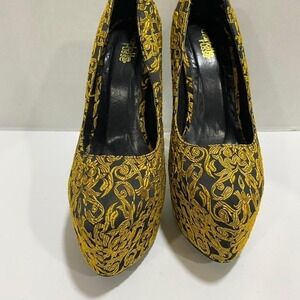 Charlotte Russe Gold and black embroidered heel platform pumps women 7. SKU484